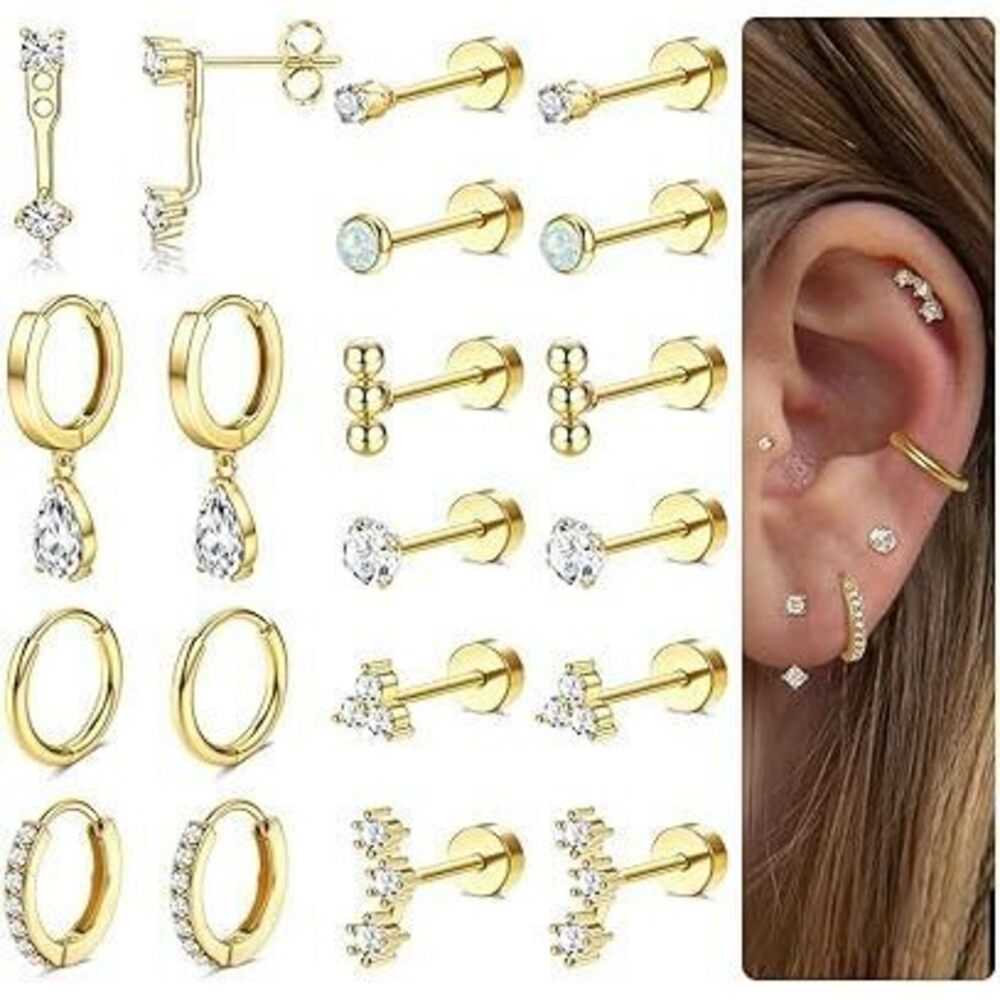 Hypoallergenic Flat Back Earrings 14K Gold Plated Cartilage Earring Sets For